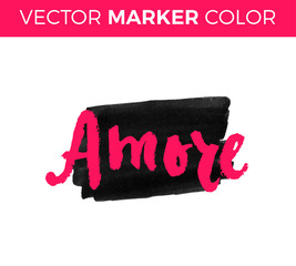 Wall Mural - Amore. Love in Italian. Hand lettering calligraphy marker in hearts background. Vector for romantic cards for Valentines day or wedding.