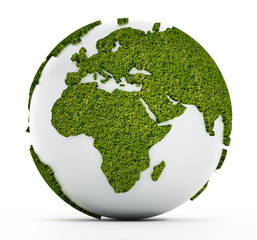 white globe with continents covered with grass