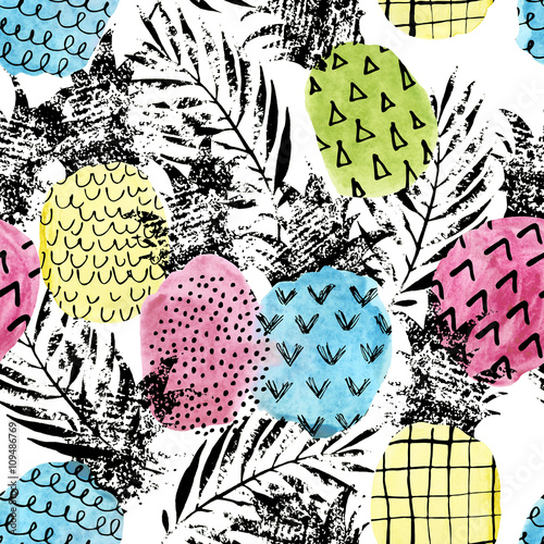 Tapeta ścienna Kolorowy ananas z akwarela i grunge tekstury wzór