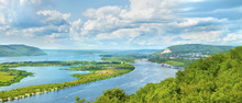 Amazing Panoramic View From The Height On The Touristic Part Of The Volga River Near Samara City At Summer Sunny Day.Beautiful Natural Landscape.Picturesque Central Part Of Russia.Europe.