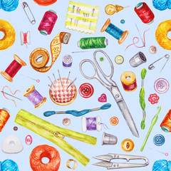 Seamless watercolor pattern of various sewing tools. Sewing kit