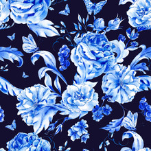 Vintage Seamless Pattern With Blue Watercolor Roses