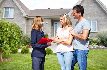 Poster - Real Estate agent woman with clients near new house.