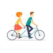 Couple Riding Tandem Bicycle Isolated. Walking, Sports, Traveling. Flat Design Vector Illustration.