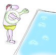Mann am Schwimmbeckenrand mit Schwimmtier unter dem Arm