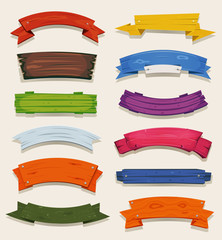 cartoon colored wood banners and ribbons