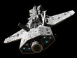 Science fiction illustration of an interplanetary gunship, isolated on black, top rear view with blue engine glow, 3d digitally rendered illustration