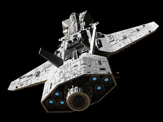 science fiction illustration of an interplanetary gunship, isolated on black, top rear view with blu