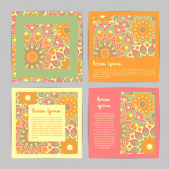 Wall Mural - Set of square template cards with hand drawn flower mandala.Stylish geometric pattern in oriental style.Green,orange,beige, plum colors. Indian, asian, arabic, islamic, ottoman, moroccan motif. Vector