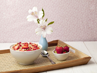 Wall Mural - cereal bowl with strawberres in a tray