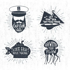 Hand drawn textured vintage badges set with captain face, yacht, submarine, jellyfish, and inspirational lettering.