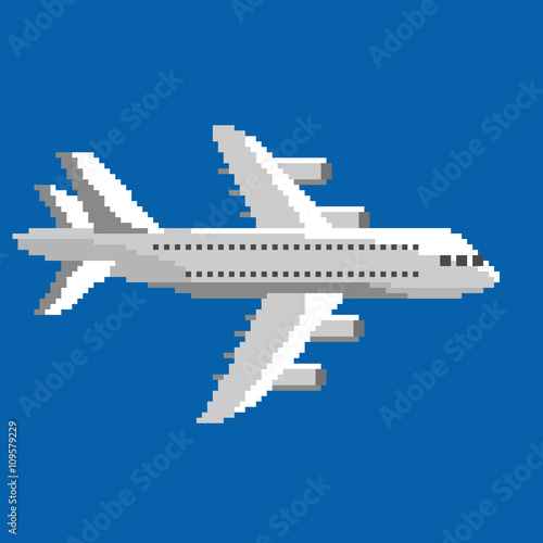 Pixel art vector illustration of airplane. Airline service. Flying air