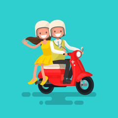 Wall Mural - Guy with a girl riding on a motorcycle. Vector illustration