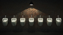 Row Of Urinals In Empty Public Restroom. 3d Rendering