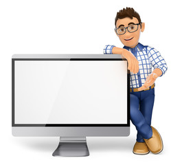 3D Teenager leaning on a blank screen