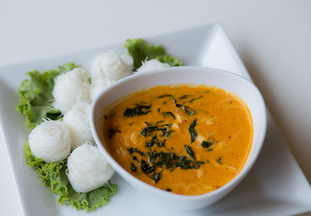 Crab meat coconut milk curry with rice noodle, Thai spicy soup c