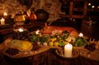 Medieval ancient kitchen table with typical food in royal castle.