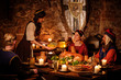 © Nejron Photo - Medieval people eat and drink in ancient castle kitchen interior