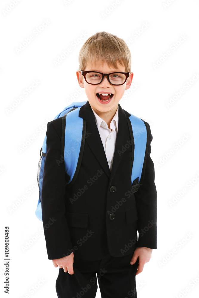 Schoolboy with backpack isolated on white