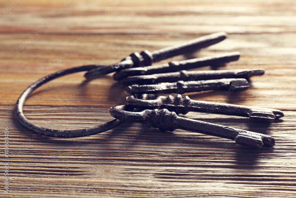 Old keys on wooden background