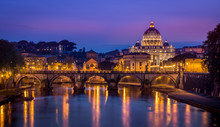 Night View Of Basilica St Peter And Sant Angelo Bridge  Rome, Italy, Europe