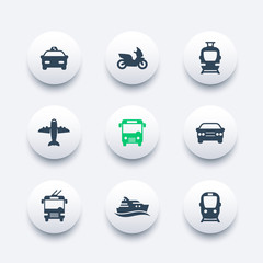 Poster - Passenger transport icons, public transportation vector, bus, subway, tram, taxi, airplane, ship, round modern icons set, vector illustration