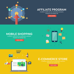Flat style mobile shopping, e-commerce store and affiliate program. Concepts for web banner and printed materials. Vector illustration.