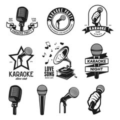 set of karaoke related vintage labels, badges and design elements. vector illustration.