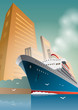 Summer travel cruise ship. City landscape. Vintage art deco poster illustration.