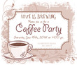 vector hand drawn coffee party invitation card, vintage frame, cup and leaves