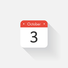 Calendar Icon With Long Shadow. Flat Style. Date,day And Month. Reminder. Vector Illustration. Organizer Application, App Symbol. Ui. User Interface Sign.  October. 3