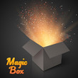 © irazzers - Illustration of Grey Magic Box with Confetti and Magic Light. Realistic Magic Open Box. Magic Gift Box with Magic Light Comming from Inside