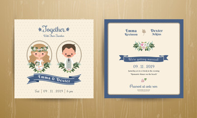 Wall Mural - Rustic wedding cartoon bride and groom couple invitation card