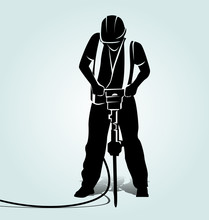 Vector Silhouette Of A Worker With A Jackhammer