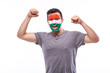 © F8  \ Suport Ukraine - Victory, happy and goal scream emotions of Hungarian football fan in game support of Hungary national team on white background. European football fans concept.