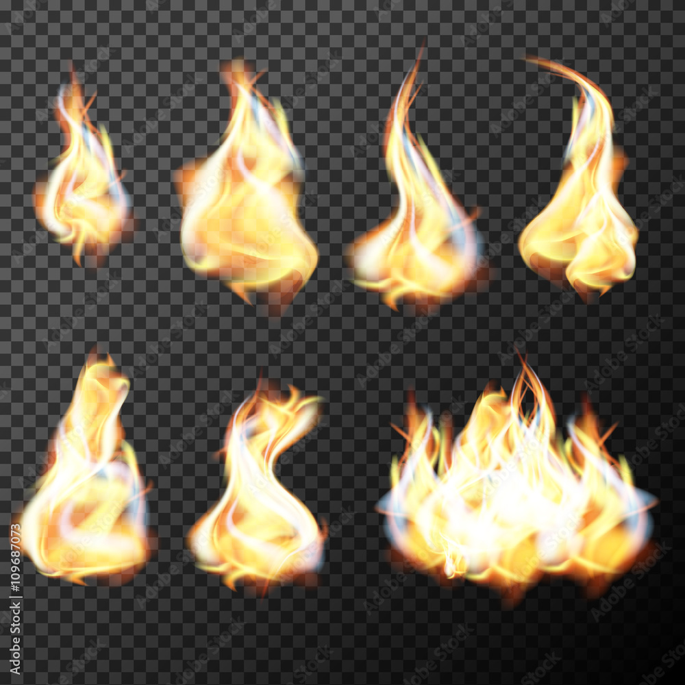 Realistic fire flames set vector on transparent background Stock Vector ...