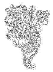 Sticker - black line art ornate flower design, ukrainian ethnic style, han