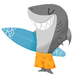 Wall Mural - Creative Illustration and Innovative Art: Shark Surfer. Realistic Fantastic Cartoon Style Artwork Scene, Wallpaper, Story Background, Card Design
