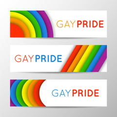 Wall Mural - Set of modern colorful horizontal banners for Pride Month. Vector illustration in LGBT colors. Gay culture symbol, rainbow text. Gay Pride. Can be used in a web design. 