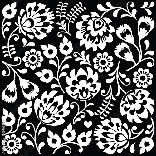 Dekoracja na wymiar  polish-folk-art-white-pattern-on-black-wzory-lowickie-wycinanki