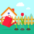 Garden vector illustration, cartoon village garden with house, red water can watering flowers sprouts, gardening concept design