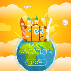 Wall Mural - Vacation travelling concept. Vector travel illustration with dif