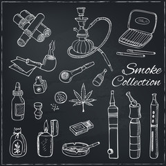 Doodle retro smoke set with hookah, vape, cannabis and pipes.