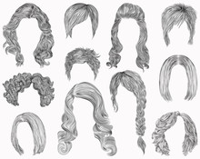 Set Of  Different Hairs And Hairstyle .fringe Curly Cascade Kare. Pencil Drawing Sketch .