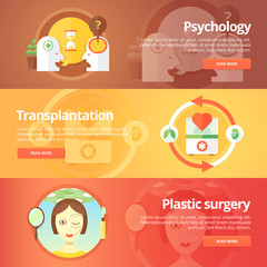 Medical and health banners set. Sexology. Transplantation. Organs donation. Anaplasty. Plastic surgery. Modern flat vector illus