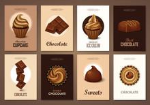 Set Of Brochures With Chocolate Sweets. Vector Templates. Backgrounds With Chocolate, Cupcakes And Candies.