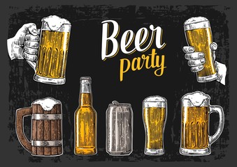 Wall Mural - Two hands holding beer glasses mug. Glass, can, bottle. Vintage vector engraving illustration for web, poster, invitation to beer party. Isolated on dark background