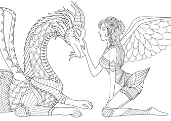 Wall Mural - Dragon is at mercy of beautiful angel, line art design for coloring book for both children and adult and other illustrations