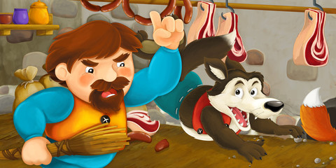 Cartoon scene of a man that caught fox and wolf stealing the food from the pantry - illustration for children