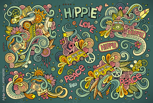 Fotomural Colorful set of hippie objects
